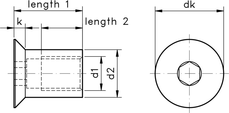 technical drawing of Socket Countersunk Sleeve Nuts