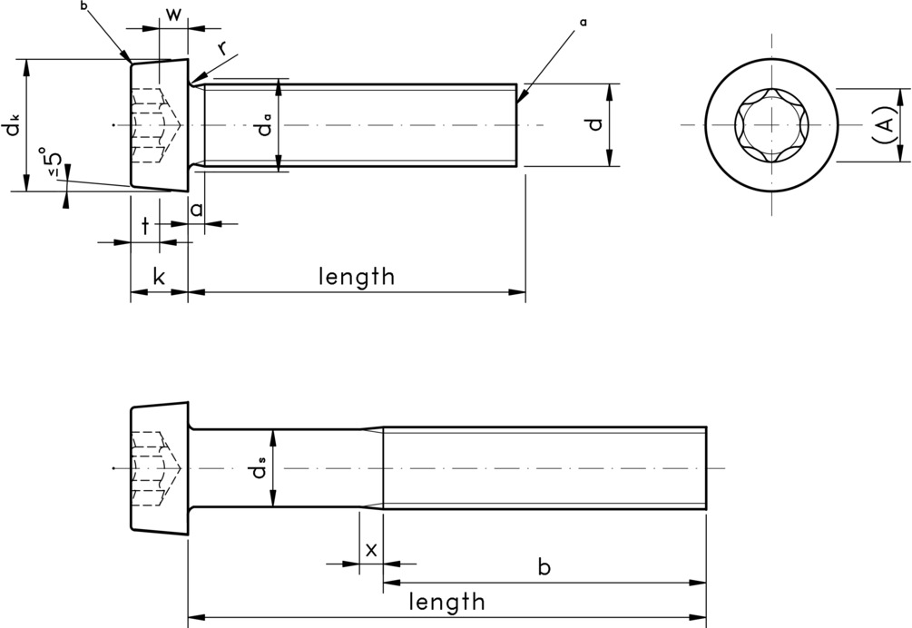 technical drawing of  Torx cap screws with low heads / Hexalobular socket cheese head screws ISO 14580