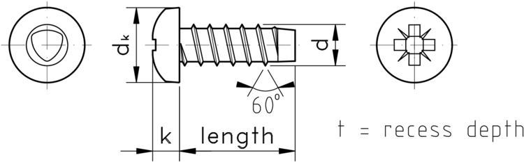 technical drawing of 60° Pozi Pan thread forming screws