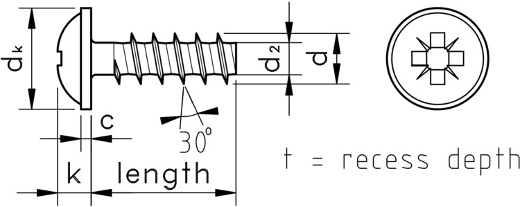 technical drawing of 30° Pozi Pan Flange Thread Forming Screws