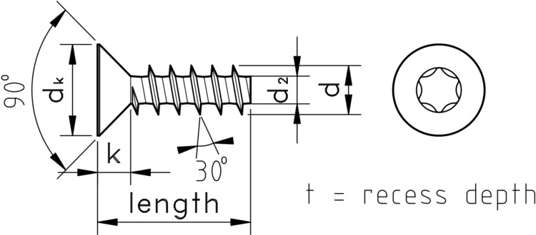 technical drawing of  30° Torx Countersunk thread forming screws