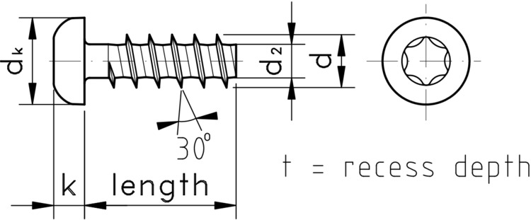 technical drawing of Torx Pan thread forming screws