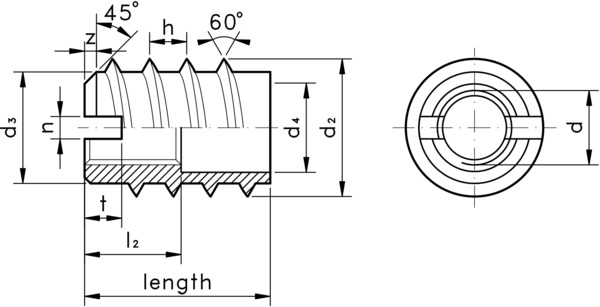 technical drawing of Threaded Insert for Wood, to DIN 7965