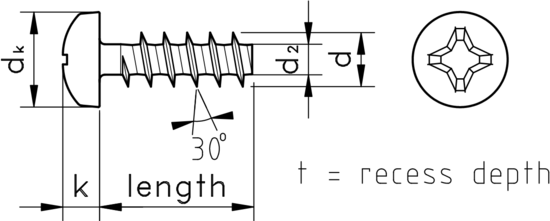 technical drawing of Phillips Pan Thread Forming Screws for Plastics, 30 Degree Thread