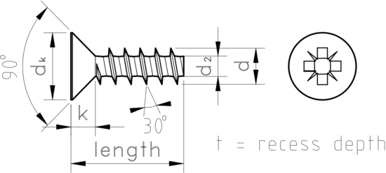 technical drawing of Pozi Countersunk Thread Forming Screws for Plastics, 30 Degree Thread