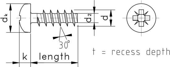 technical drawing of Pozi Pan Thread Forming Screws for Plastics, 30 Degree Thread