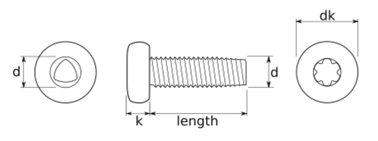 technical drawing of Six Lobe or Torx Pan Thread Rolling Screws for Metal DIN 7500 Type PE