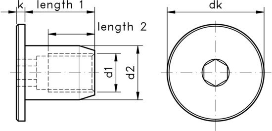 technical drawing of Sleeve Nuts With Flat Head and Hex Socket Drive