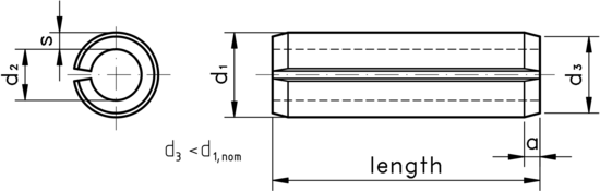 technical drawing of Slotted Roll Pins to ISO 8752 / DIN 1481 