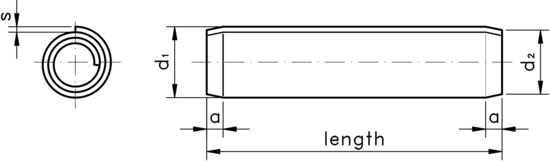 technical drawing of Spiral Roll Pins to ISO 8750