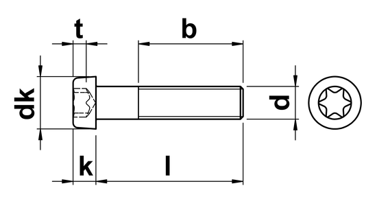 technical drawing of Torx Cap Screws With Low Head ISO 14580 or DIN 7984